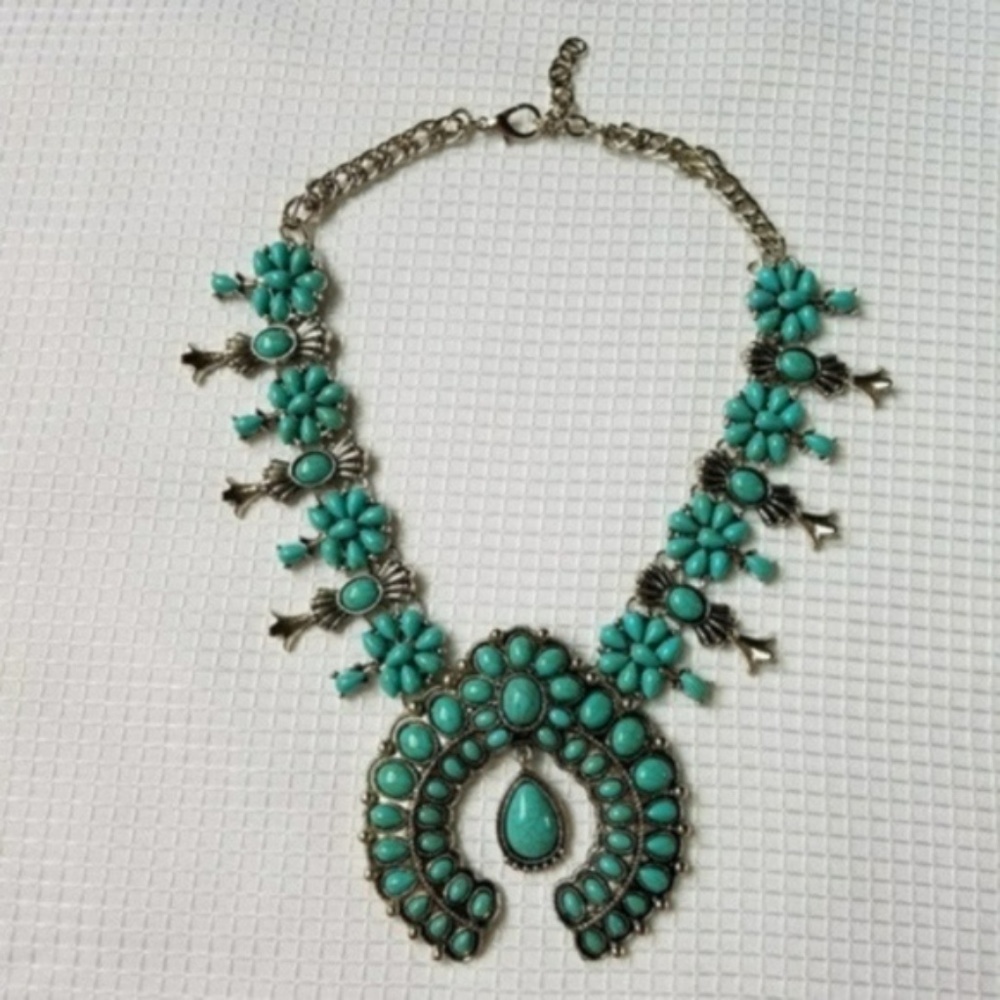 Squash Blossom SILVER Tone TURQUOISE Necklace
